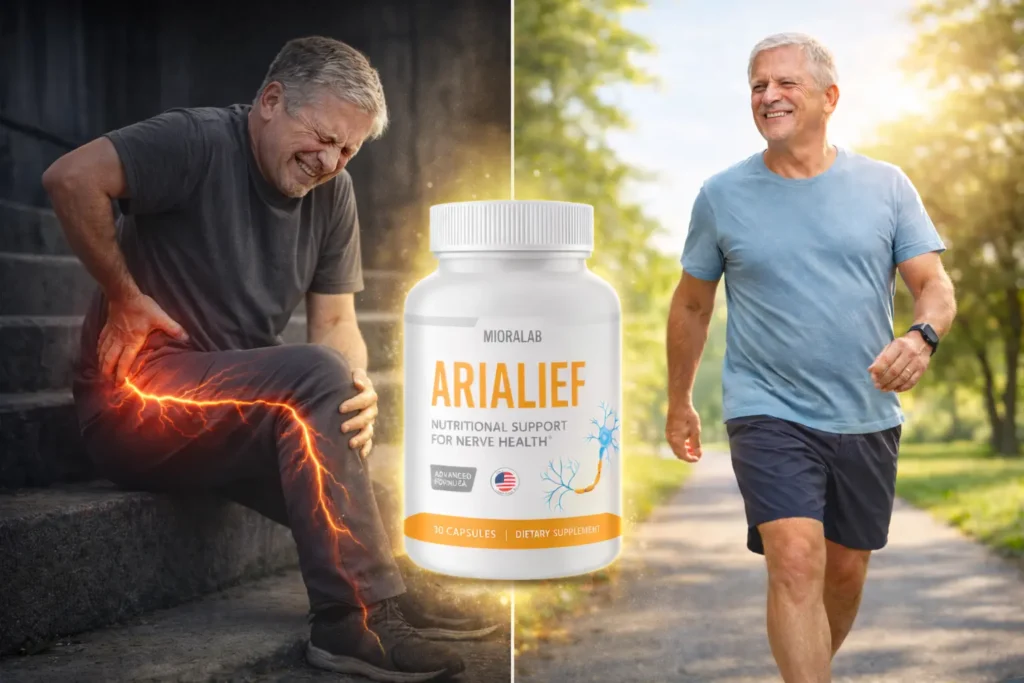 Man experiencing leg nerve pain and later walking comfortably with Arialief nerve support supplement