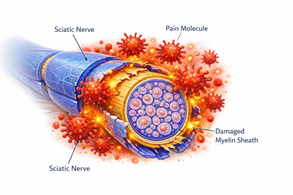 Illustration of inflammatory molecules attacking sciatic nerve protective layer