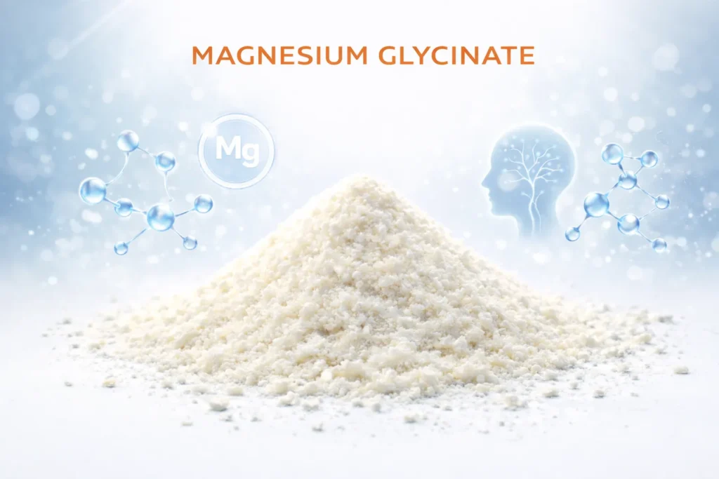 Magnesium Glycinate powder mineral ingredient used for nerve relaxation and muscle support